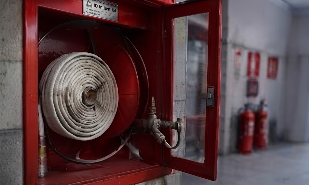 Gabinete y manguera contra incendio en nave industrial